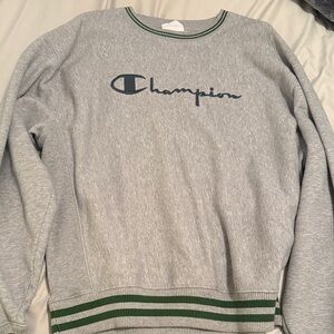 Champion Men's Gray Crewneck Sweater with Green Accents
